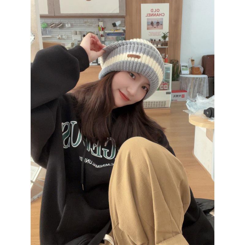 Winter Warm Woolen Women's Slouchy Hat: Thickened Korean-Style Striped Knit for Large Heads, Slimming Effect