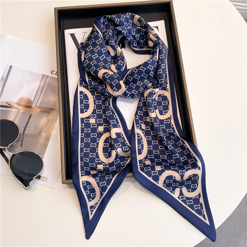 Long small silk scarf women's spring, autumn and summer black neck protection scarf with shirt streamer ribbon belt thin scarf