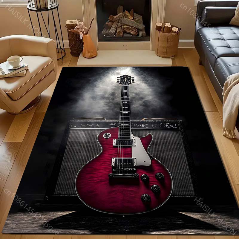 Roter Gitarren- und Stereo-Print Teppich für Schlafzimmer, Wohnzimmer, Bettseite, Sofa, Bodenmatte, moderne Heimdekoration, Bereichsteppich, Luxusgeschenk