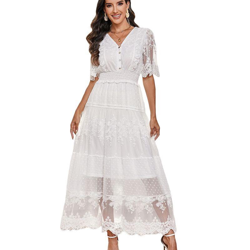 2025 Summer New Arrival Lace V-neck Dress Women Fashion Elegant Elegance Fancy Mesh Stitching Long Dress Women