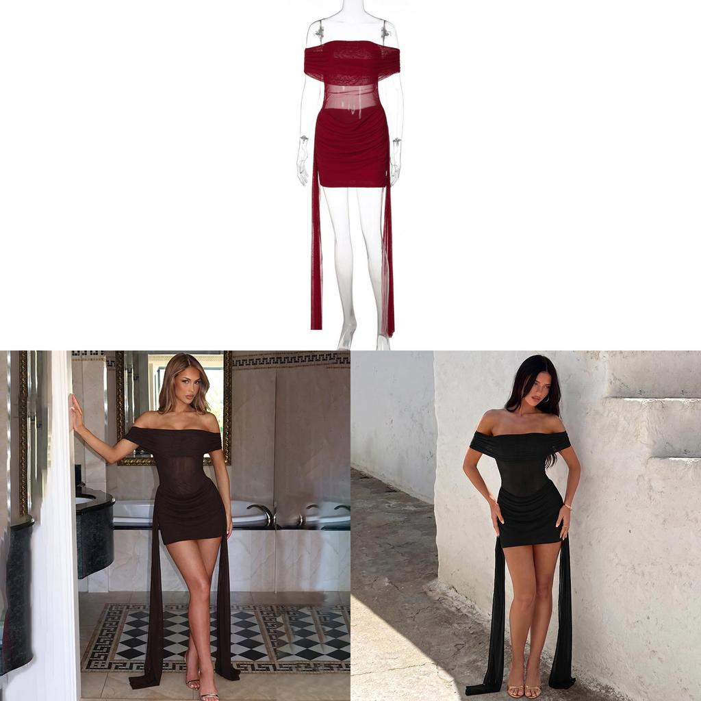 Sexy Lace Insert Bodycon Dress With Off Shoulder Neck For Night Out