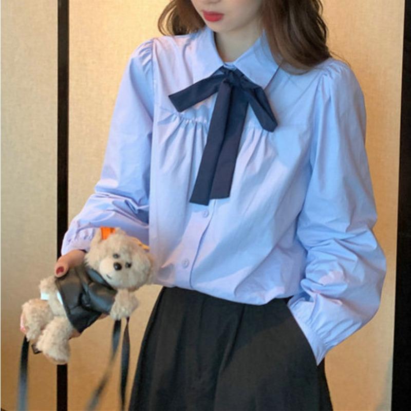 

Синяя рубашка в студенческом стиле Женская рубашка с длинным рукавом