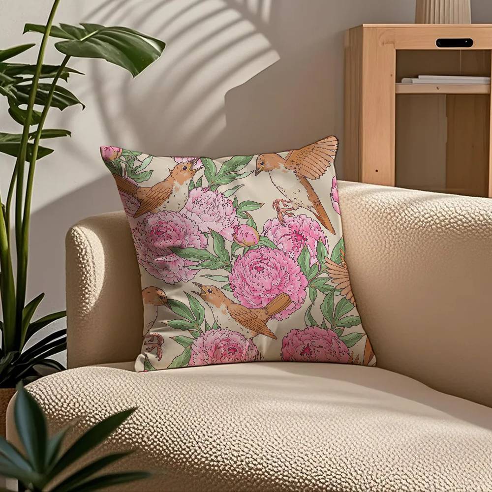 Birds Butterflies Flowers Pillow Case Comfort Sofa Bed Silky Elegant Invisible Zipper Custom Decorative Cushion Cover