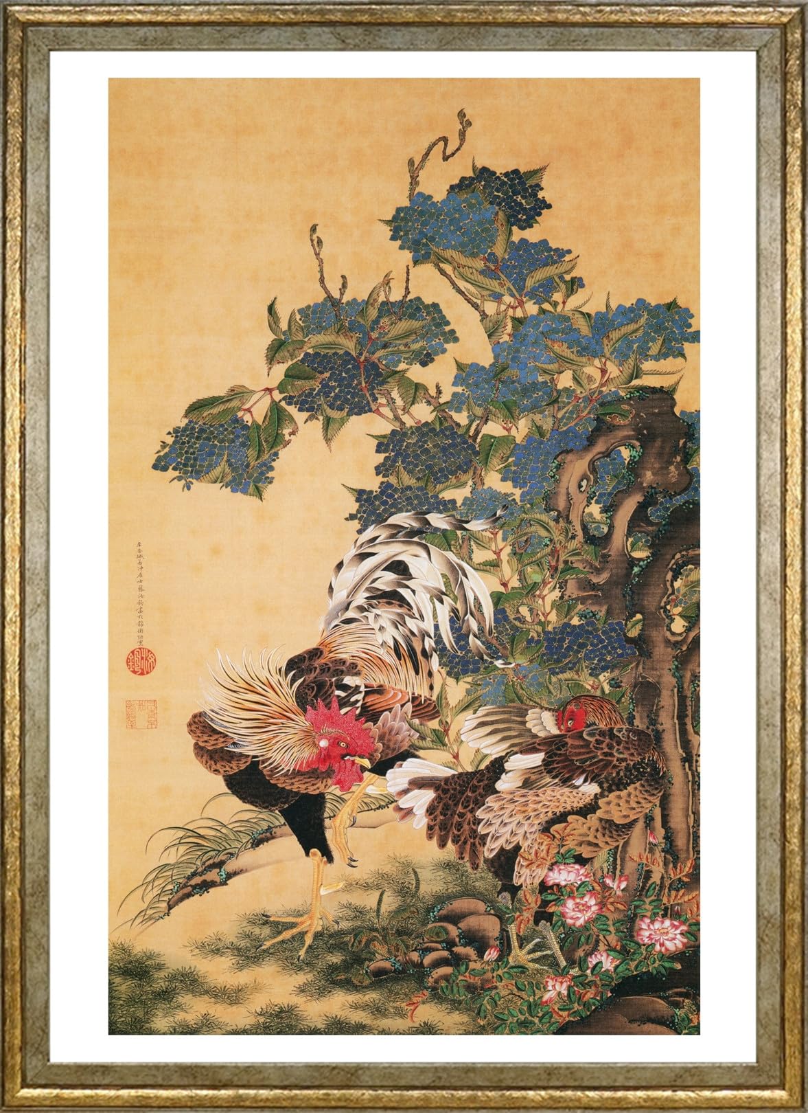 

Ito Jakuchu (Hydrangea and Two Roosters) Poster, A3 Size, Interior Wallpaper, Painting, Art Poster, Gold Frame