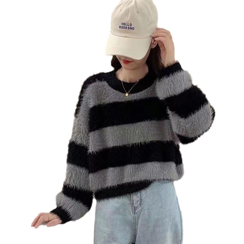 Autumn and Winter Look Thin and Wear Foreign Style Lazy Style Imitation Mink Pullover Long-sleeved Top Fashionable Retro Striped Sweater