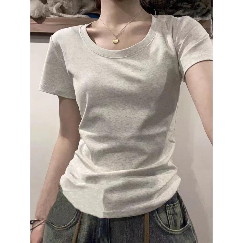 American Slim-fit Short-sleeved Inner with New Round Neck Front Shoulder Hong Kong Flavor Top Design Sense-shirt Women