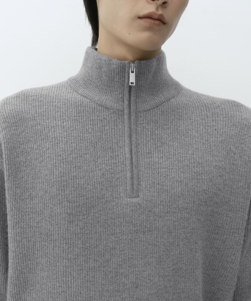 Musinsa Standard [Victoria Wool] Minimal Ribbed Quarter Zip Sweater [Melange Light Grey]