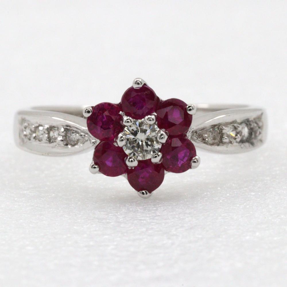 Mehlring K18 Weißgold/Rubin/Diamant #4.1(US-Grösse) Mehl 2g Frauen Gebraucht