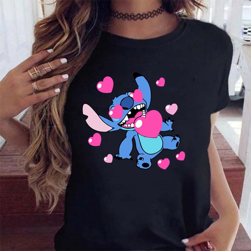 New Fashion FeUnisex Clothing Cartoon Disney Stitch Womens Tshirt Summer Short Sleeve Black Tops