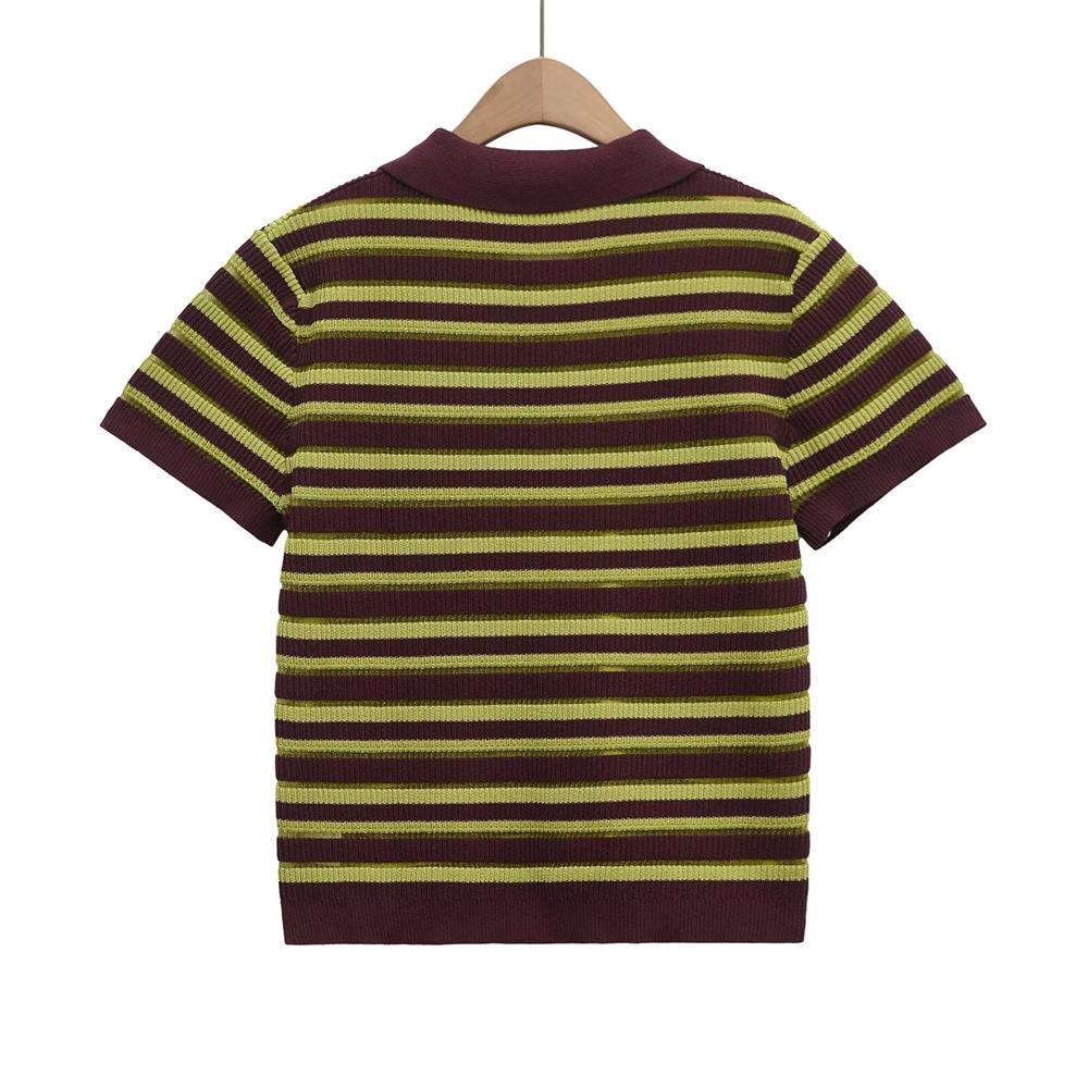 2025 Spring/Summer Women's Striped Knit Polo Collar Short-Sleeve Top