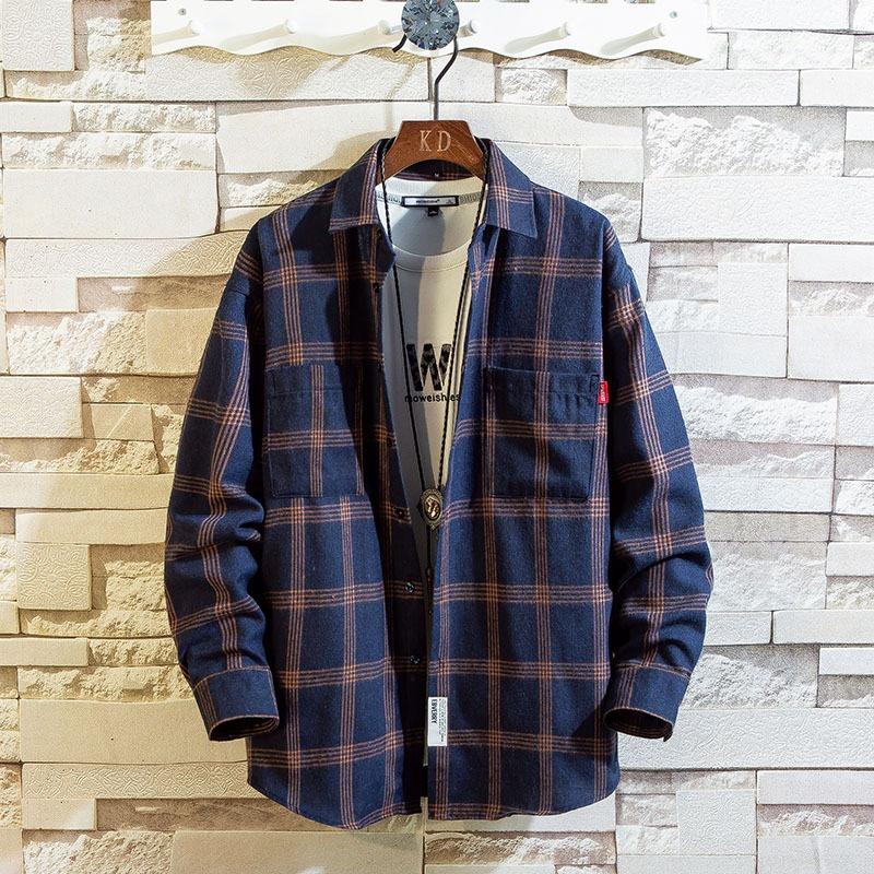 Men Casual Loose Plaid Long Sleeve Stand Collar Fashion Shirt
