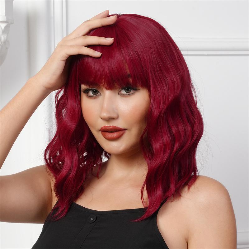Premium Synthetic Wavy Wigs for Women Long Curly Wig with Bang Medium Water Wave Wig Wine Red Hair Auburn Wig Cosplay Drag Queen