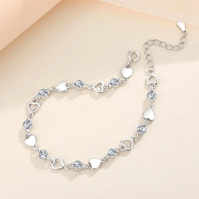 925 Silver Heart Shaped Necklace Bracelet Set for Women Vintage Korean Blue Crystal Bracelets Jewelry Set Party Jewelry