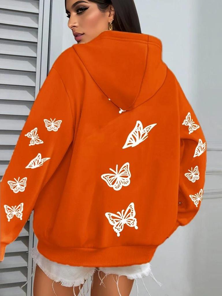 Creative Simple Butterfly Print Women's Hoodie with Pockets - Autumn/Winter Style Sweatshirt Top
