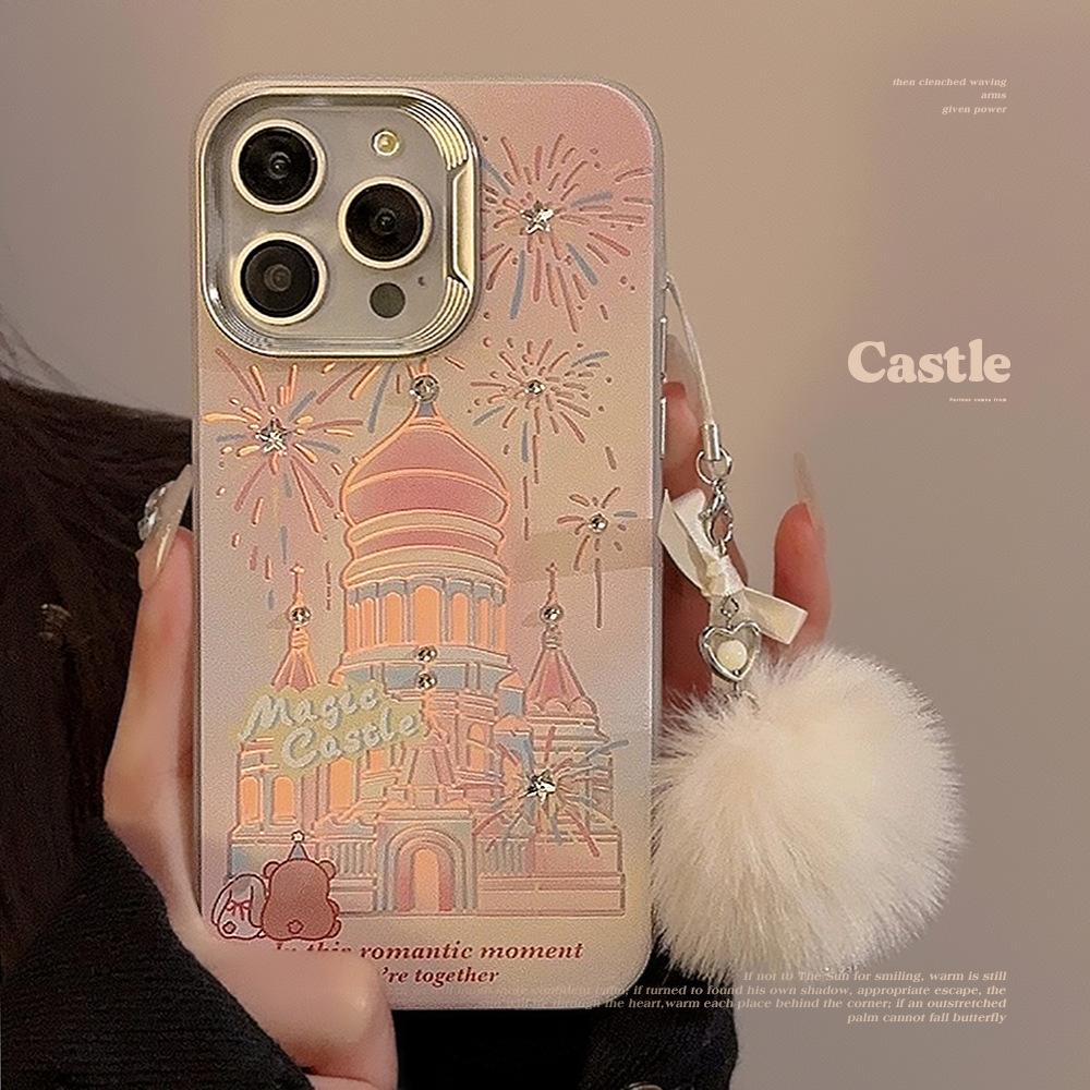 Girl Cartoon Firework Castle Suitable for IPhone15 Mobile Phone Case 13 Laser Apple 14 Promax Hair Ball Rope 16