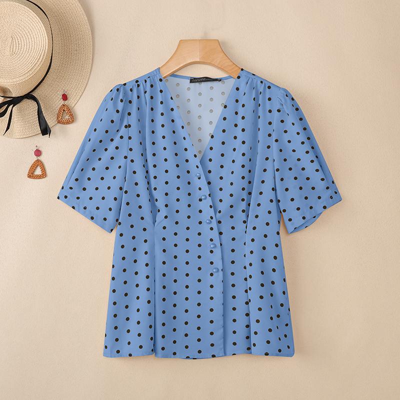 ZANZEA Women Casual V-Neck Short Sleeve Polka Dot Print Blouse