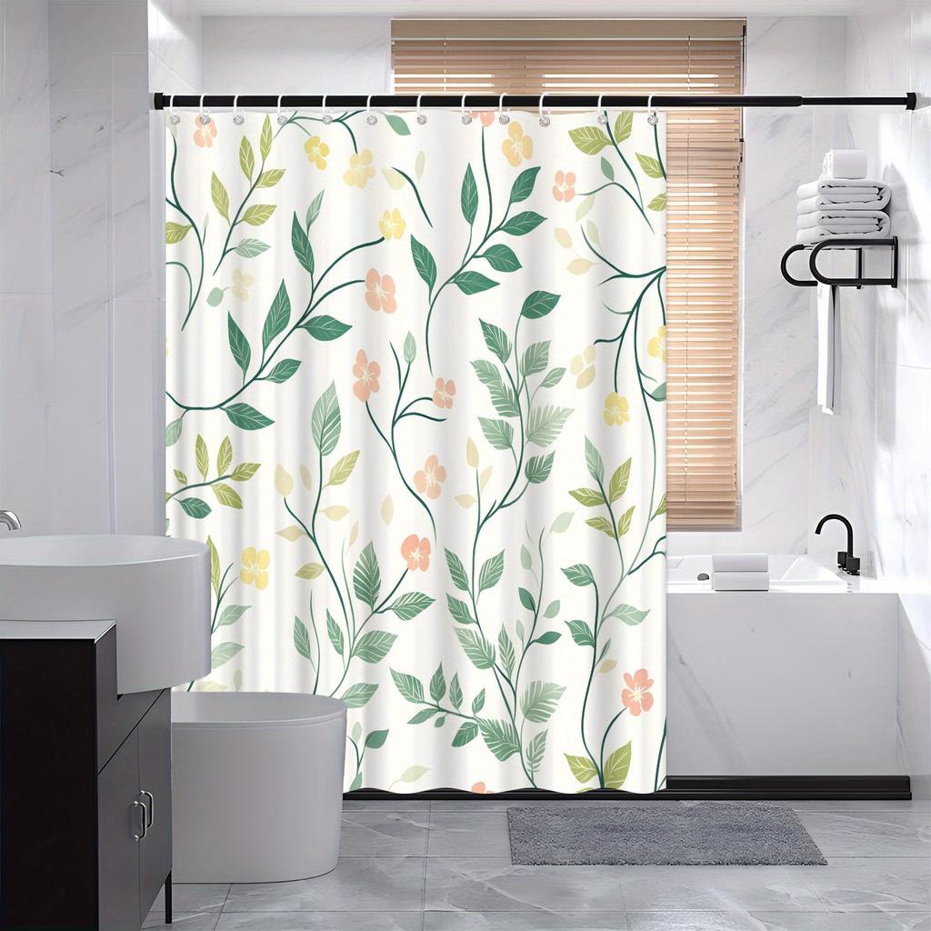 1 Minimalist Watercolor Leaves and Pink Floral Shower Curtain - Green Leaves On Light Background, with Hook, Machine Washable