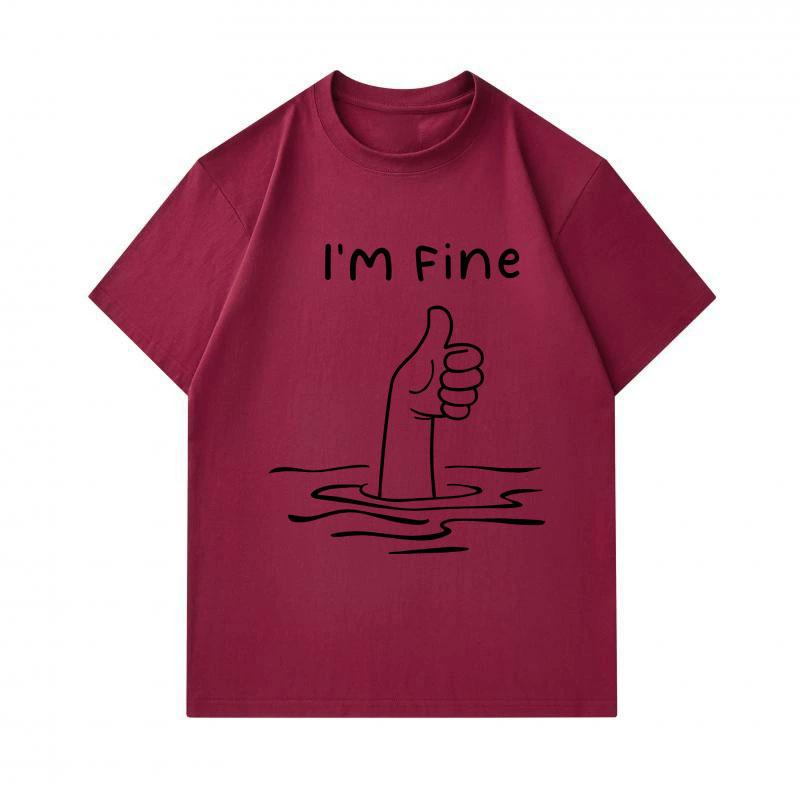Men's 100% Cotton Crew Neck Short Sleeve T-Shirt, Funny Drowning Hand Thumbs Up I'm Fine Printed Casual Comfortable Lightweight Summer Daily Wear Tee