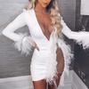 Women V-Neck Long Sleeve Solid Color Sexy Mesh  Feather Casual  Dress