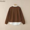 ZANZEA Dame Casual Nedslått Krage Langermet Patchwork Pullover Sweatshirts