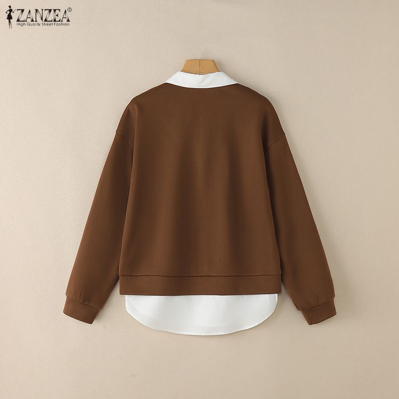 ZANZEA Dame Casual Nedslått Krage Langermet Patchwork Pullover Sweatshirts