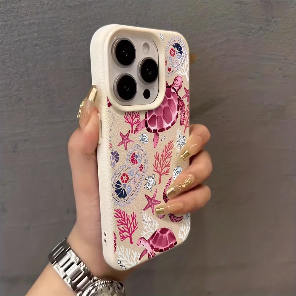 Pink Sea Turtle Print Lychee Texture Phone Case For iPhone 11 12 13 14 15 16 17 Pro Max 14 15 Plus 17 Air Silicone Soft Cover