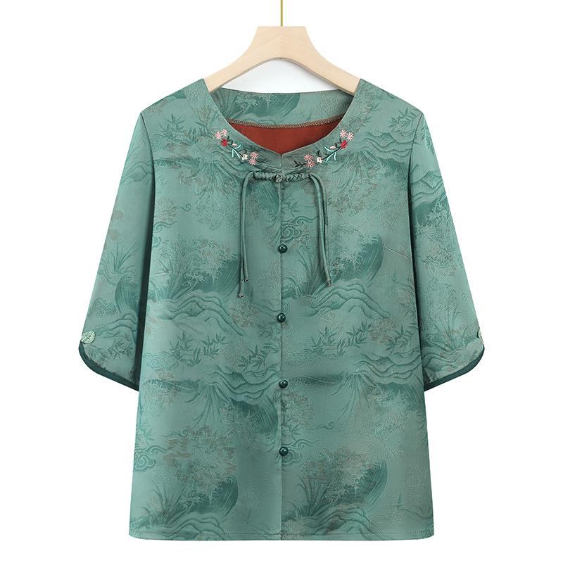 

Mother s Summer Thin Shirt: Loose, Elegant, Age-Reducing Top for Middle-Aged and Elderly Women, New Chinese Style 3XL 110-130 lbs зелёный