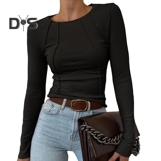 

Женская футболка с круглым вырезом и длинным рукавом, облегающая футболка, однотонные цветные линии, украшения, эластичный пуловер, топы для повседневной носки L чёрный