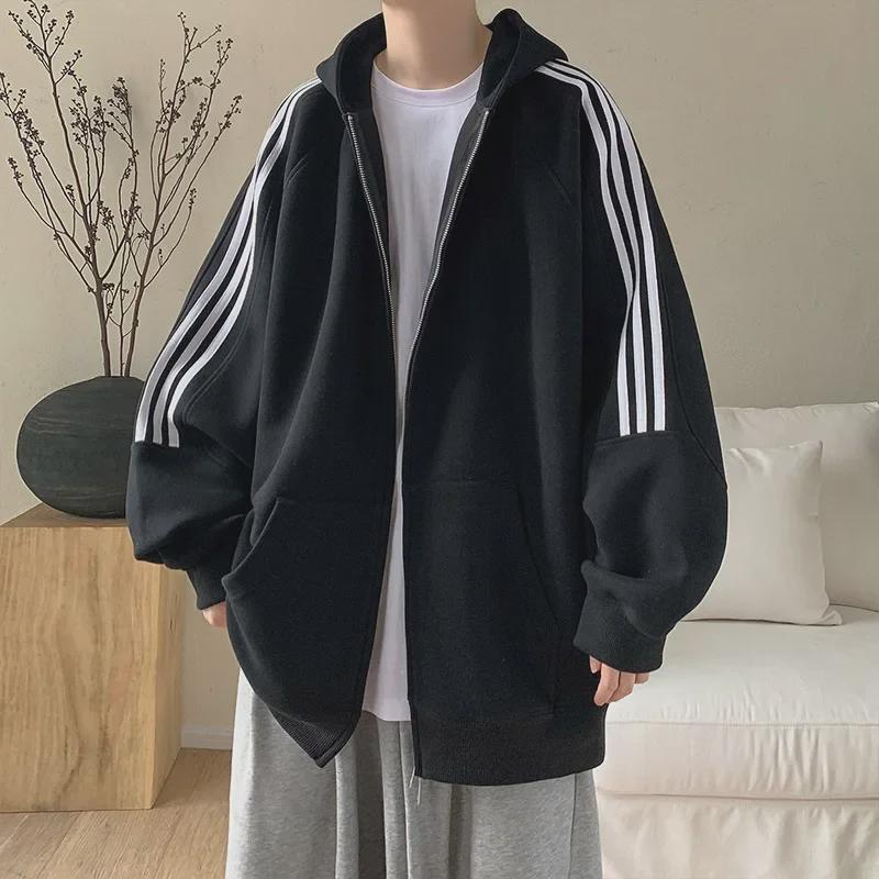 Unisex Striped Splicing Hooded Cardigan - Heavy Spring/Autumn Jacket