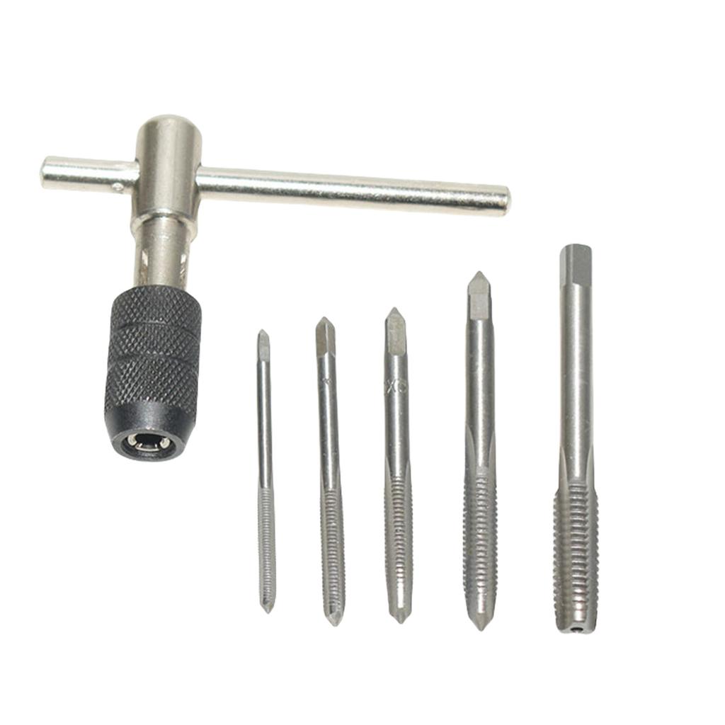 3-6mm T Shaped Tap Wrench Set with 5 Hand Taps Tapping Screwdriver Wrench for M3 M8 Threading Tasks