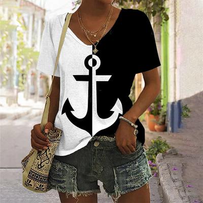 Summer Oversized T-shirt Anchor Pattern Women's Top V-neck T-shirt
