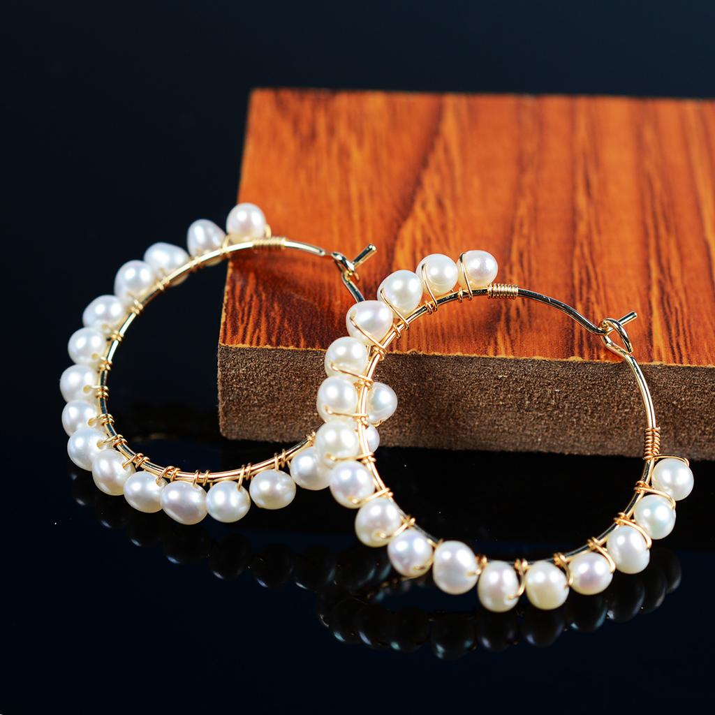 Hand-wound large circle earrings, natural freshwater pearl ear buckle 11k gold injection round fashion commuter light luxury style