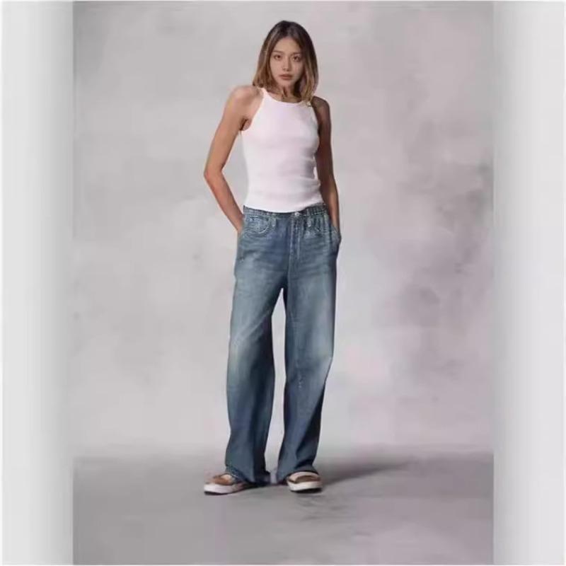 Foreign trade retro mid-waist women's jeans mopping long washed loose wide-leg large-size straight pants