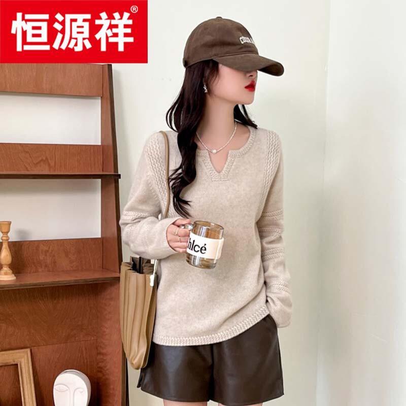 Hengyuanxiang Women's V-Neck Thick 100% Cashmere Sweater
