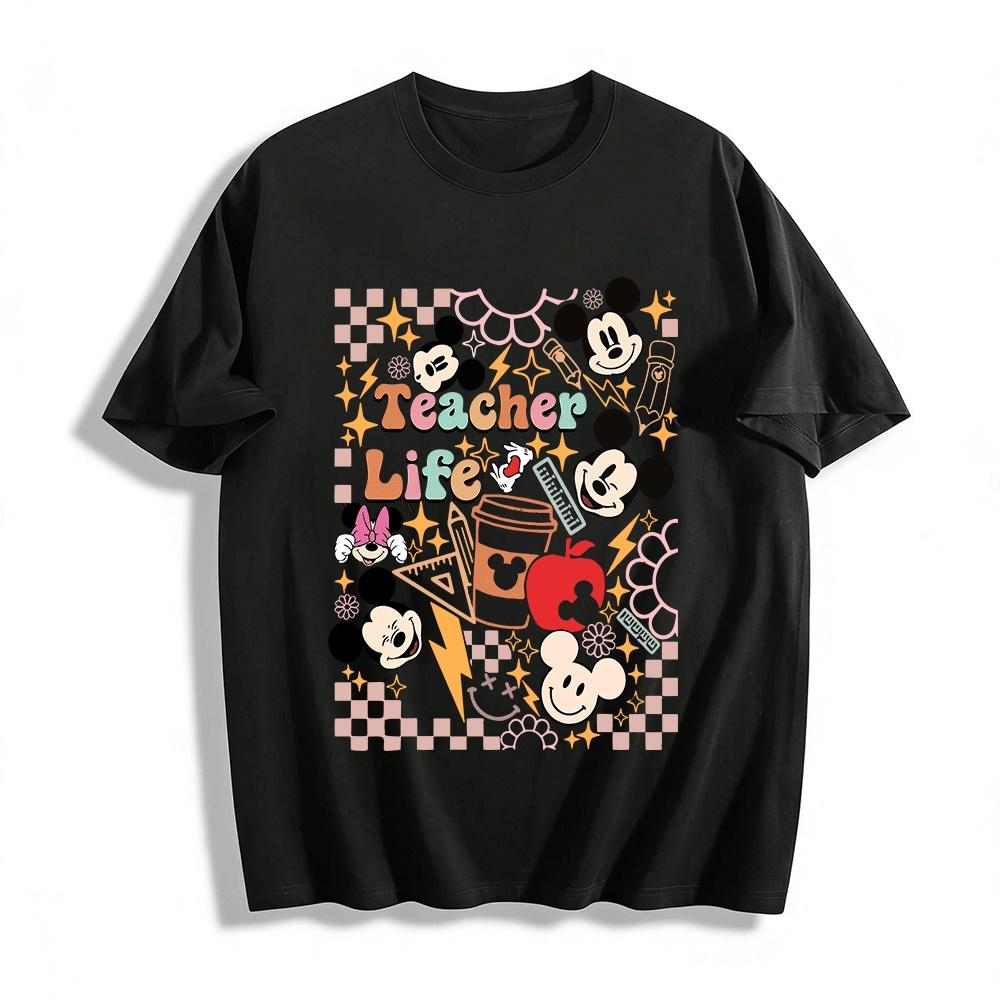 Disney Mickey Minnie Teacher Life Graphic Casual Print T-shirt Pure cotton T-shirt XXS