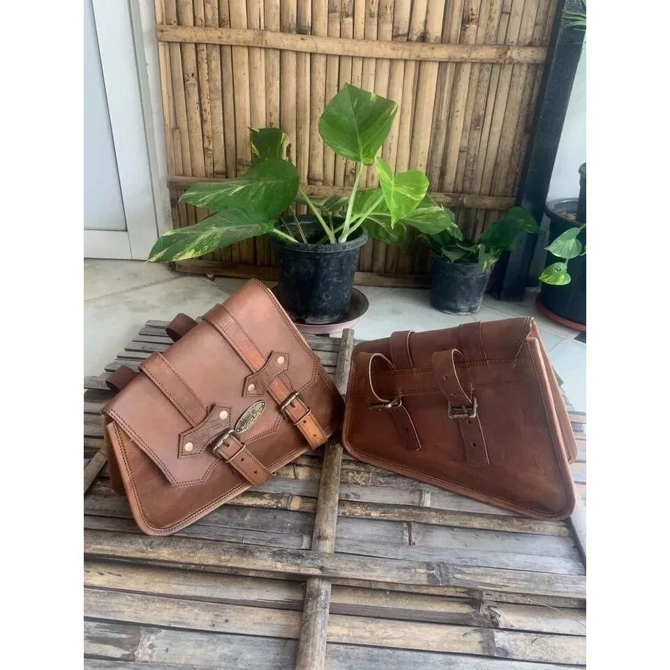 Motorcycle Saddle Leather Bags two Saddlebag Luggage Bag (Free Sling Brown Bag Size - 9 x 7 x 3 in )