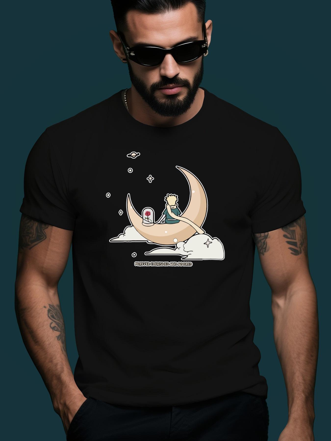 Summer Casual Short Sleeve - Trendy Streetwear Round Neck Tee with Moon & Astronaut Graphic Print T-shirt L