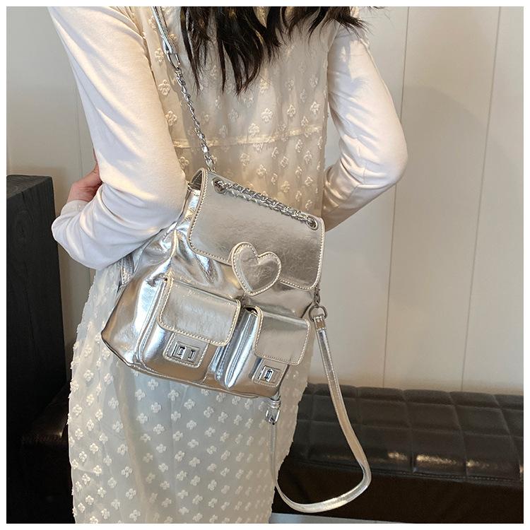 Design sense niche backpack silver women s love new fashion backpack versatile chain bucket travel bag серебряный