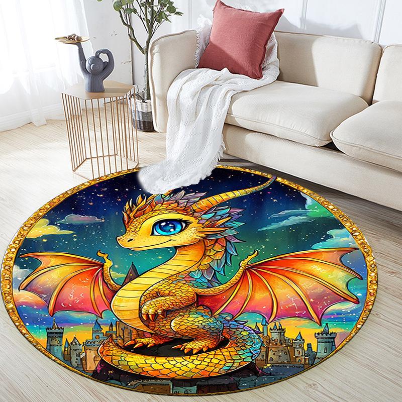 Fantasy Dragon Castle Round Area Rug,Carpet Rug for Living Room Bedroom Sofa Playroom Decor,Non-slip Floor Mat