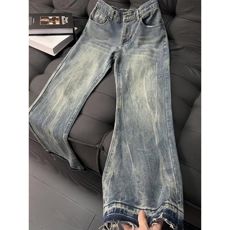 Retro Blue Lightning Pattern Jeans Men's Autumn American High Street Vibe Pants Cleanfit Straight Micro-pull Pants