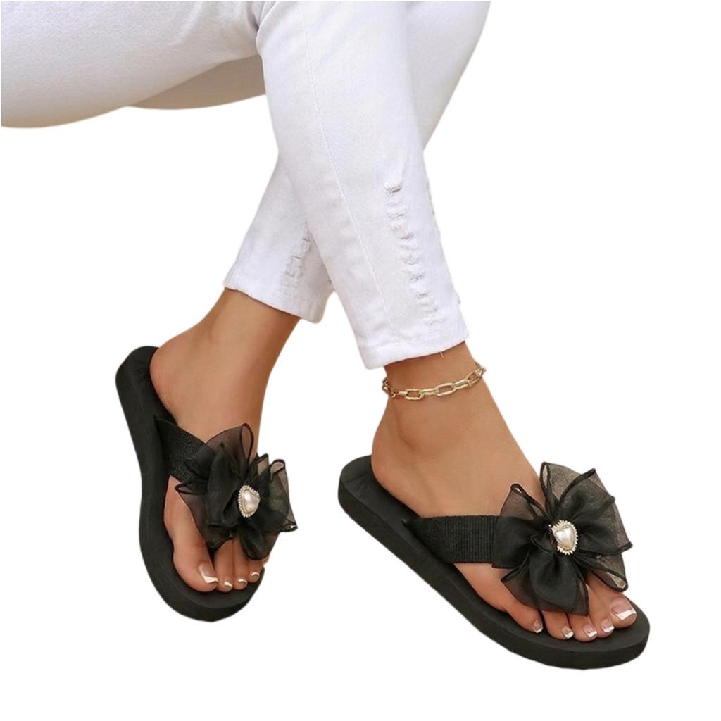 Women’s Summer Bowknot Toe Post Slide Sandals with Soft Sole and Decorative Flower Detail for Casual Outdoor Wear