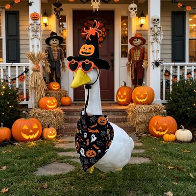 Halloween Goose Costume Set Includes Witch Hat with Spider and Pumpkin Design Bandana with Halloween Themed Prints and Sunglasses Accessory for Pets