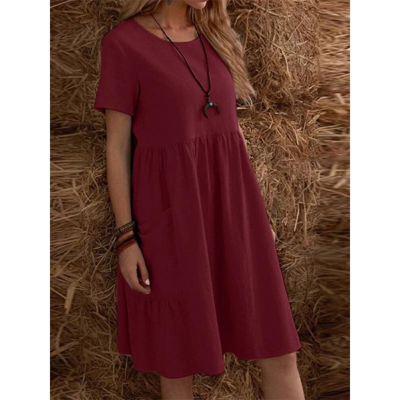 Retro Loose Pocket Solid Color Round Neck Women's Cotton and Linen Dress