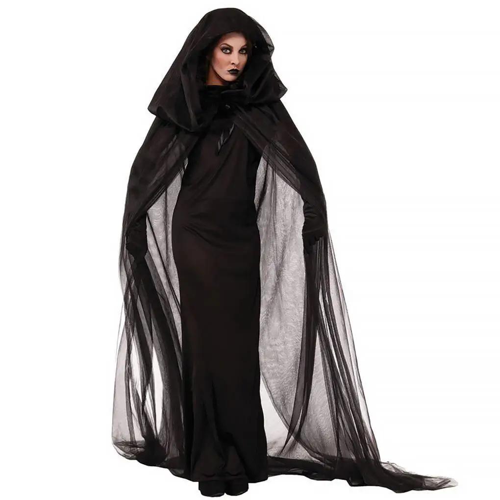 Cosplay Sorcière Femmes Zombie Vampire Effrayant Halloween Carnaval Costume Fantôme Sinistre Cape à Capuche Médiévale Jour des Morts S