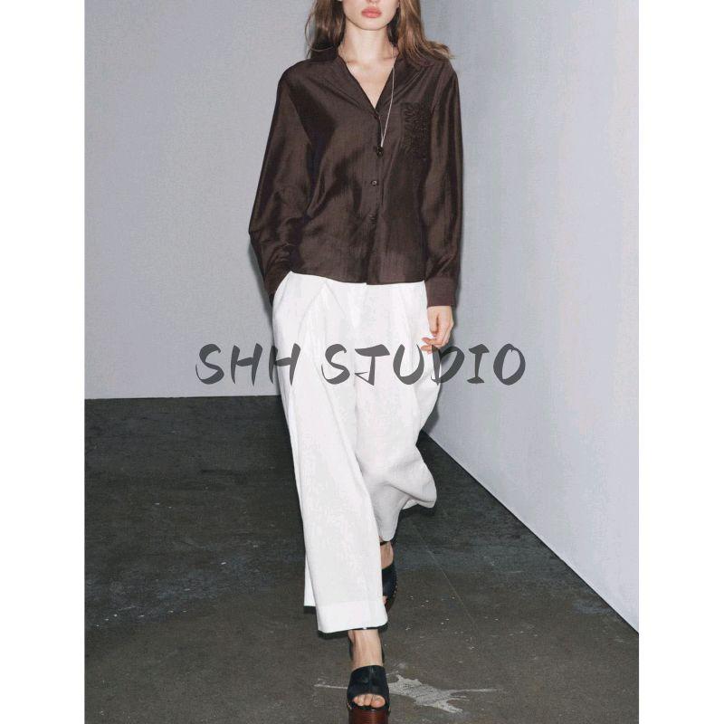 Autumn New Women's Clothing Minimalist Embroider Pocket Lapel Shirt Tops 4786079 4786179