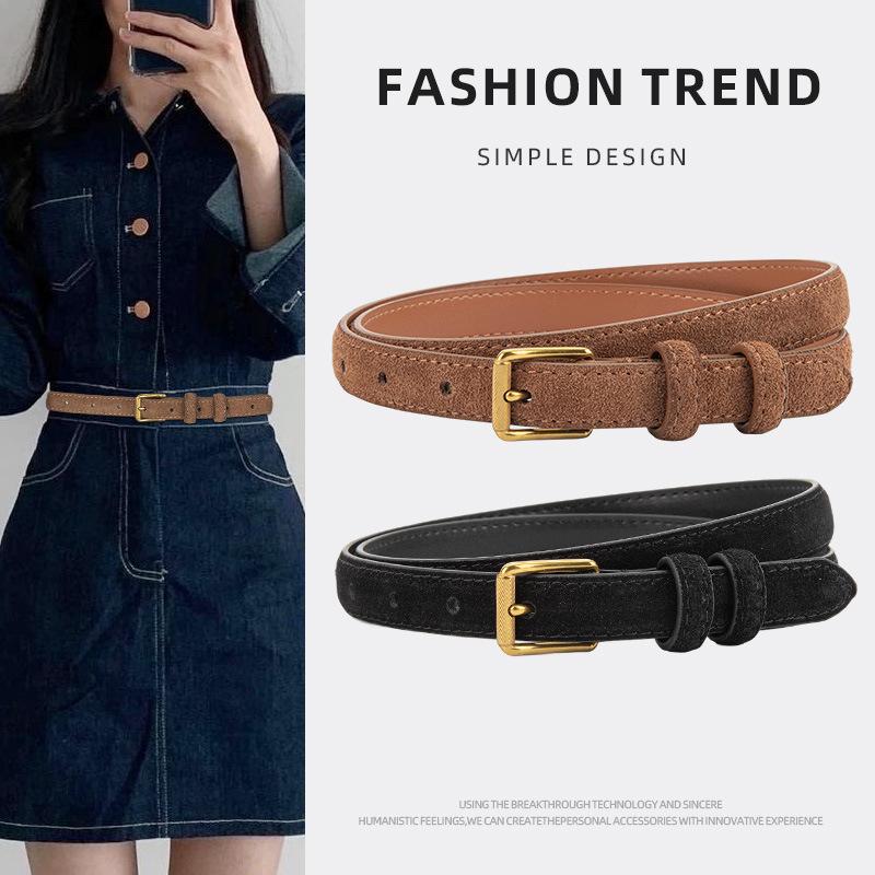 Korean Version of Retro Suede Matte Leather Women's Belt Versatile Ins Style Alloy Jeans Decorative Women's Slender Belt
