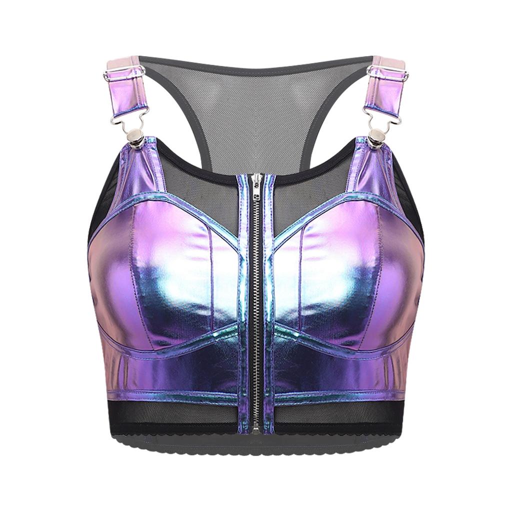 Dames Punk Stijl Crop Tanktop Metaalachtig Glanzend Doorzichtig Mesh Patchwork Verstelbare Bandjes Rits aan de Voorkant Cutout Vest