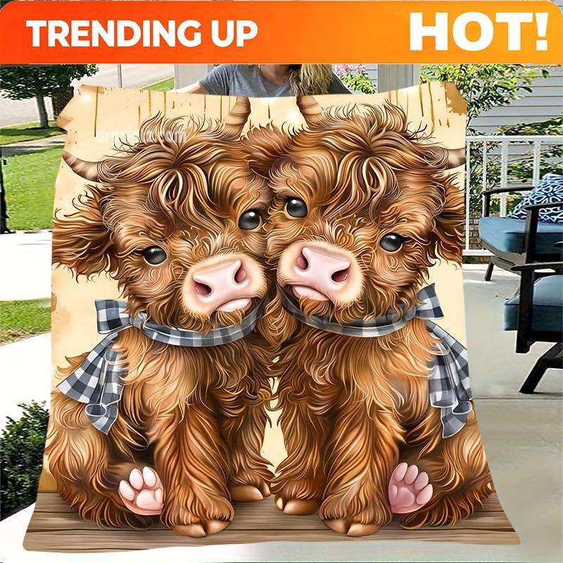 Customization Cute Cartoon Highland Cow Flannel Blanket | Soft Warm All-Season Throw | Perfect For Sofa Bed Office Travel