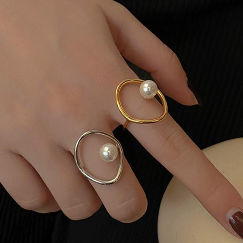 Geometric Hollow Simulated-pearl Ring for Women Silver Simple Line Open Rings Jewelry Accessory
