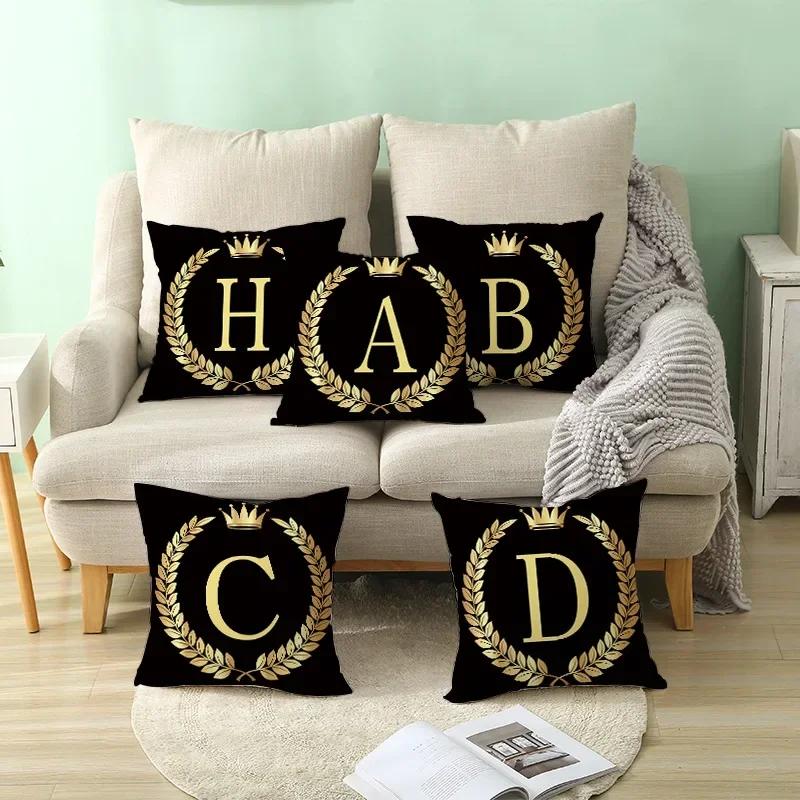 2piece 45x45cm Black Gold Letter Fleece Printed Pillow Cover Crown Sofa Cushion Cover Home Furnishings Pillowcase Without Core